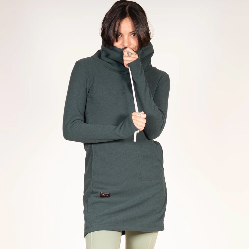 Dark Green Funnel Neck Womens Fleece Sweater Dress